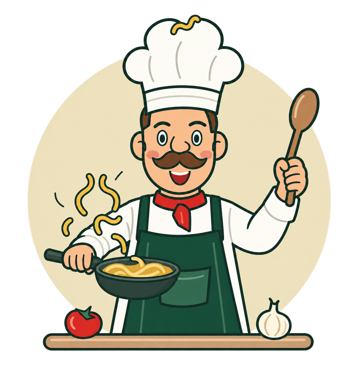 A smiling cartoon chef in a green apron tosses pasta from a frying pan, with one noodle landing on his hat.